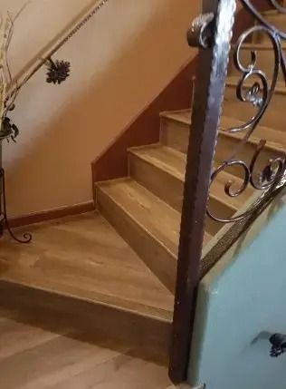 Wooden staircase with beige carpeted steps and ornate black metal railing in a home interior