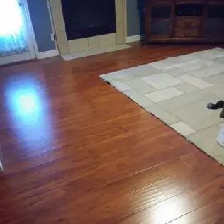 Living room with hardwood floor, white area rug, and bright light from a door or window