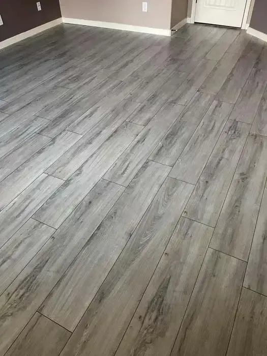 Empty room with gray wood-look flooring, beige walls, and white doors.