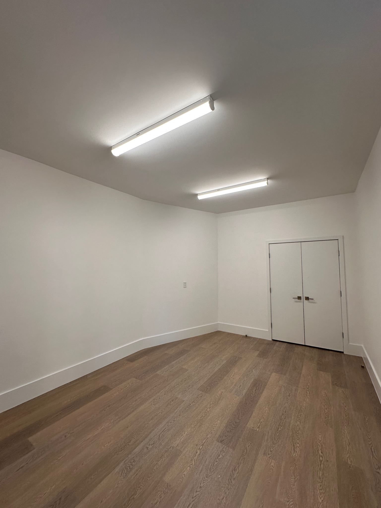 Empty white room with wood floor and ceiling lights, featuring double doors at the far end