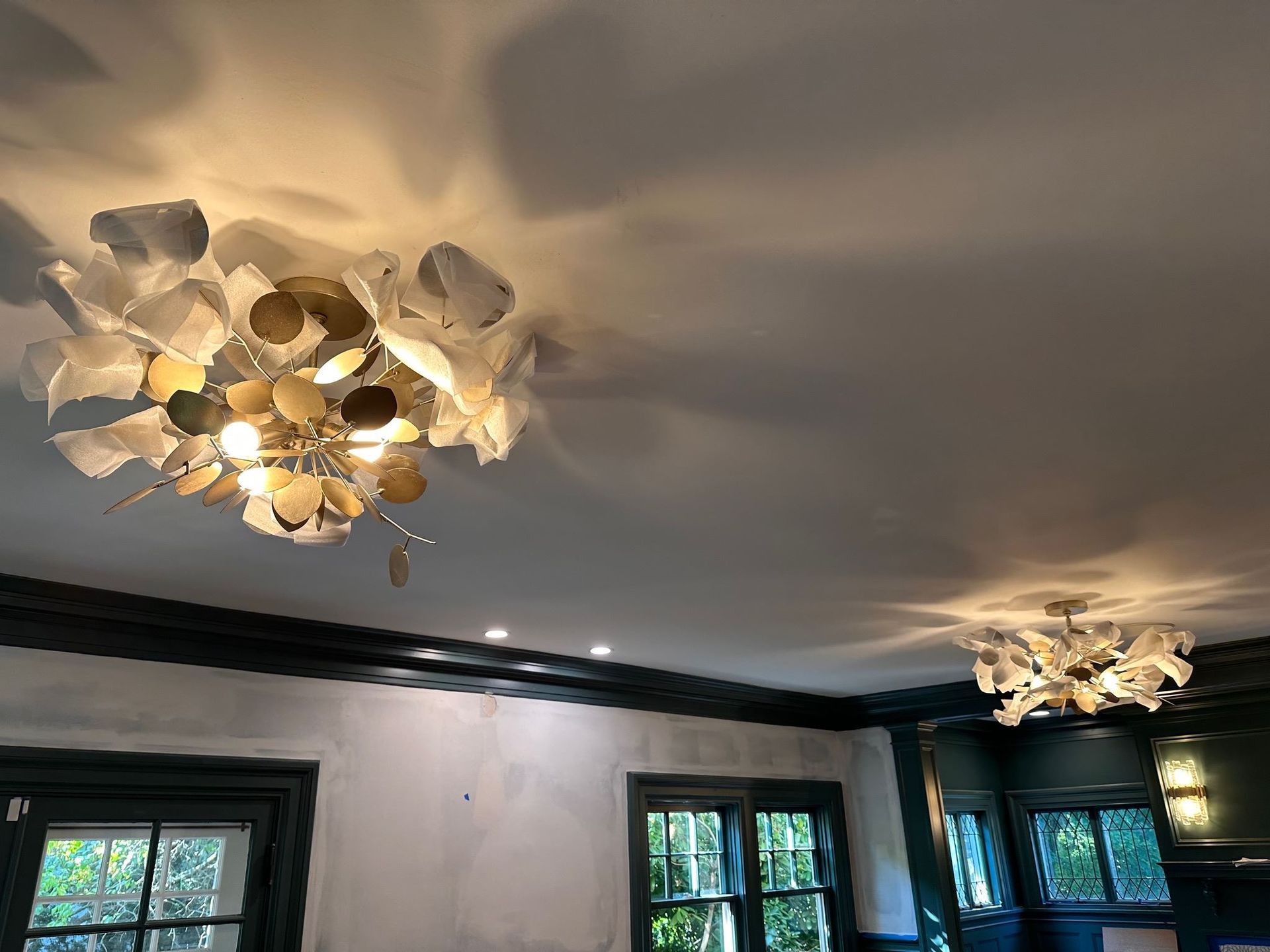 Ceiling with two ornate floral light fixtures in a room with white walls and dark trim