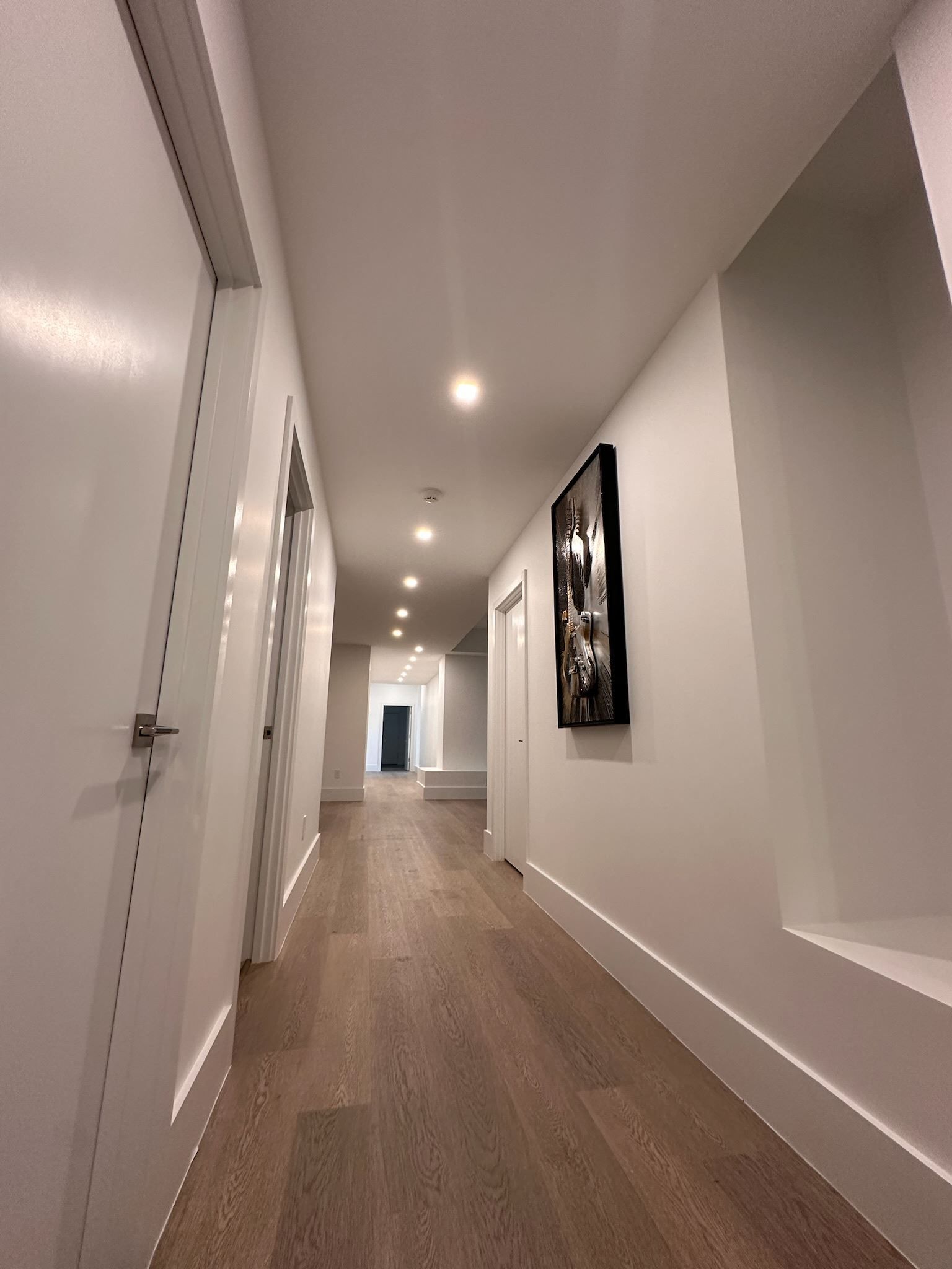 Modern hallway with wood floors, white walls, recessed lights, and a framed picture on the right.