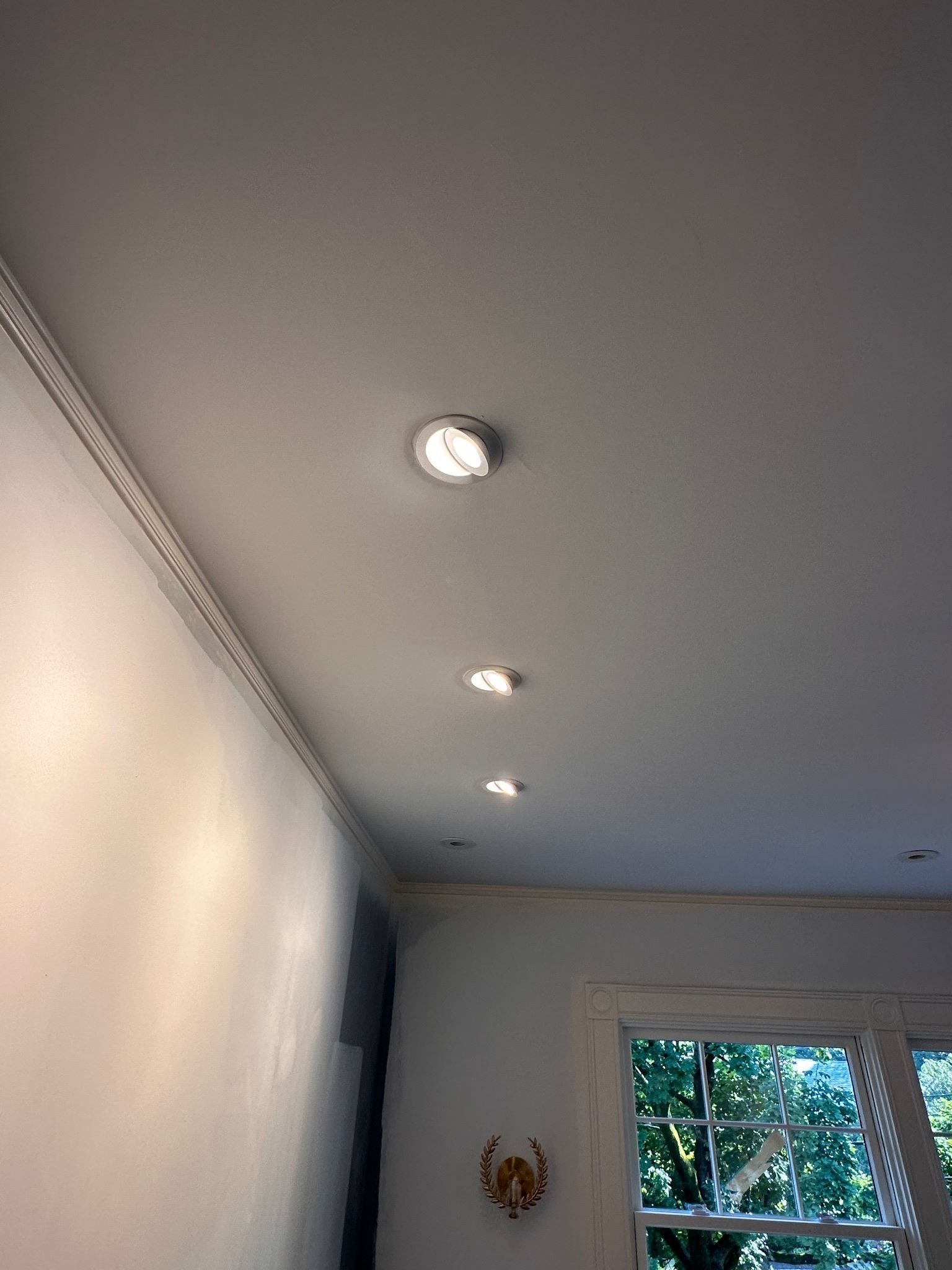 Ceiling with recessed lights and a window showing green trees in a white room