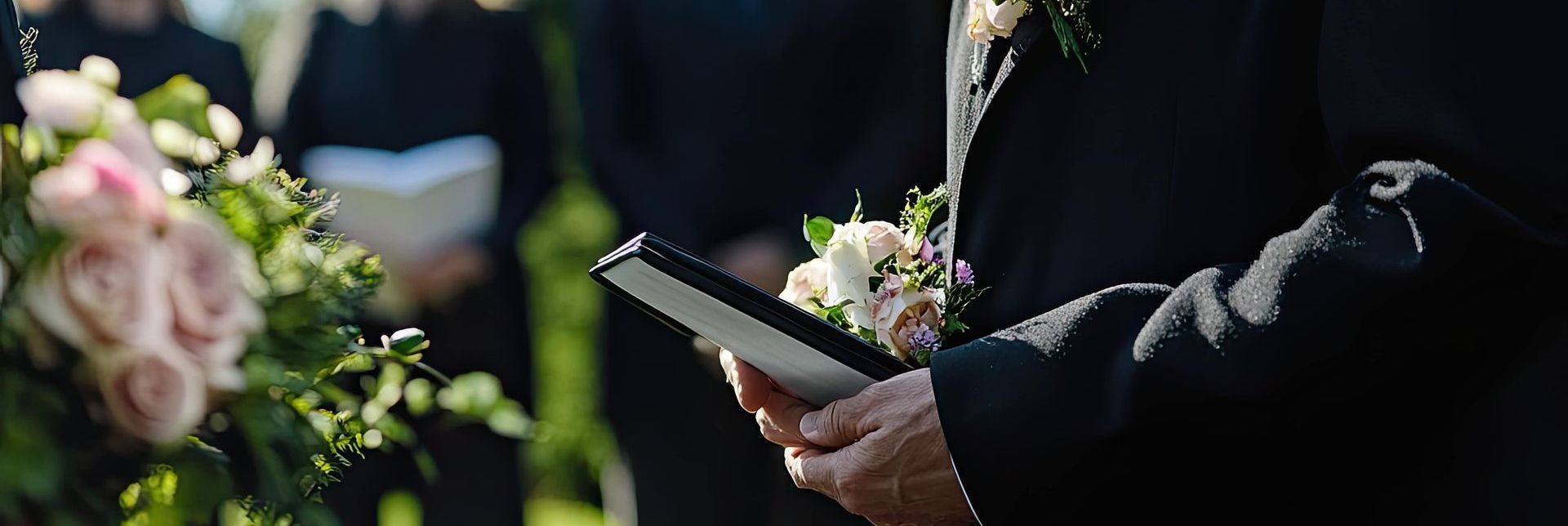 Funeral director guiding mourners at a cemetery service