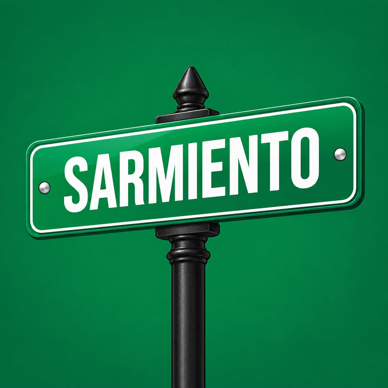 Letrero de calle verde con la inscripción “SARMIENTO” sobre un poste negro sobre un fondo verde.