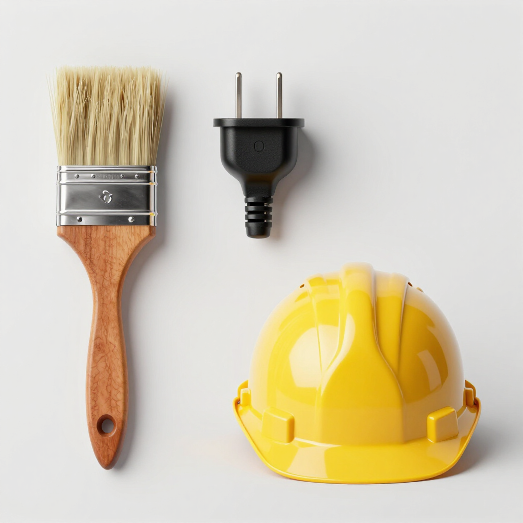 Pincel, enchufe eléctrico negro y casco amarillo sobre un fondo blanco.
