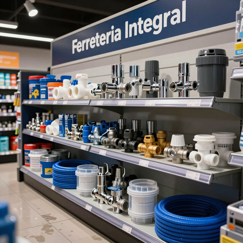 Pasillo de ferretería con accesorios de plomería y mangueras azules enrolladas bajo un letrero de “Ferretería Integra”.
