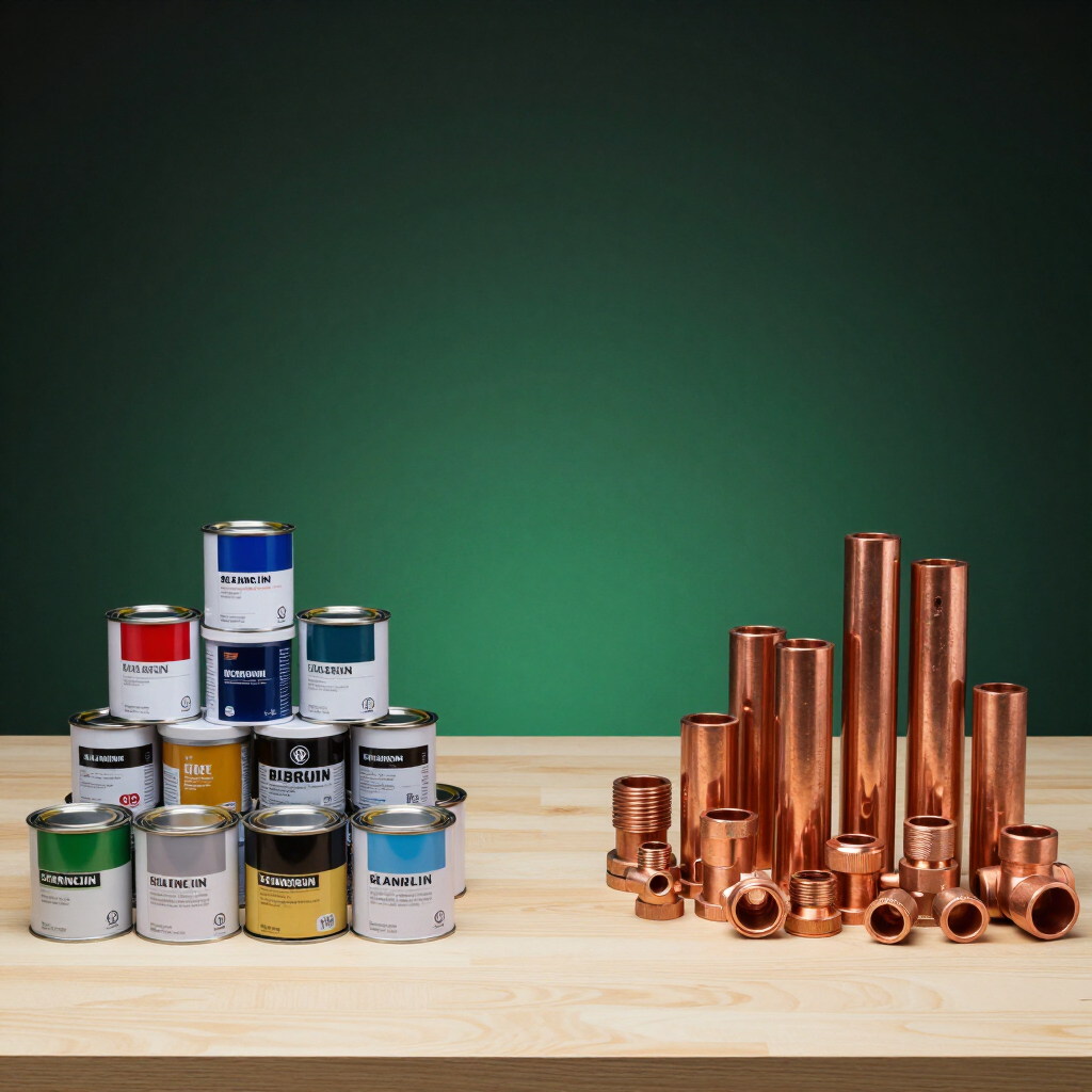 Latas de pintura apiladas y tuberías de cobre dispuestas sobre una superficie de madera sobre un fondo verde.