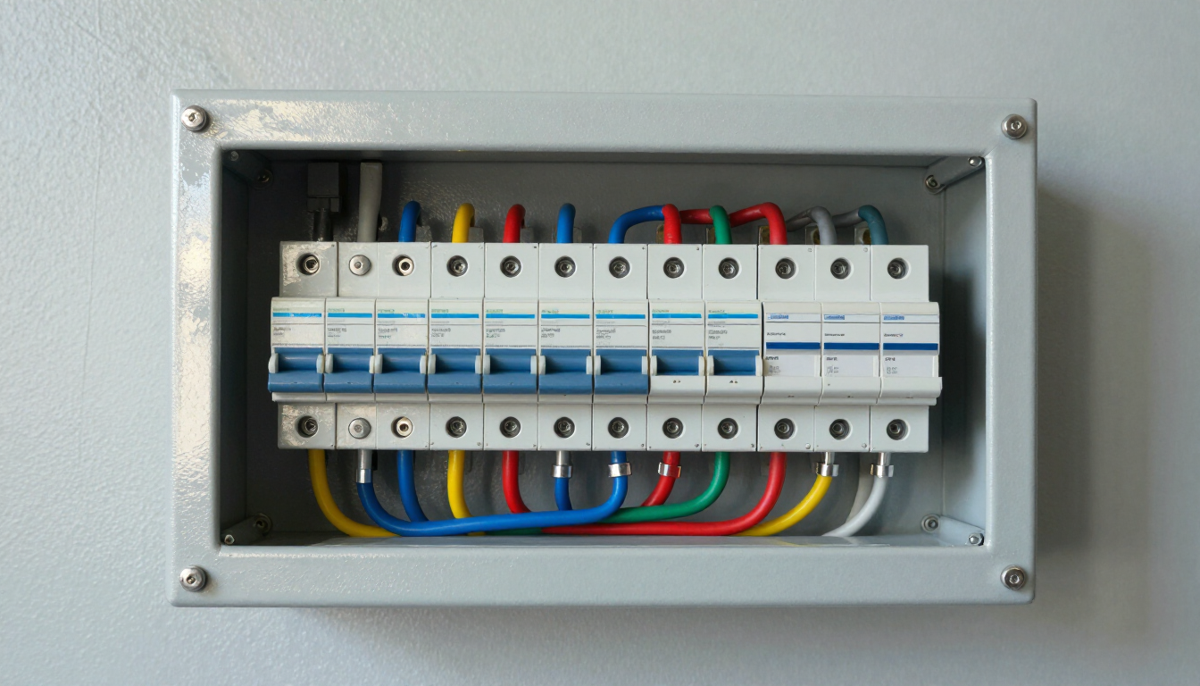 Panel de interruptores eléctricos abierto con filas de interruptores automáticos blancos y cables multicolores.