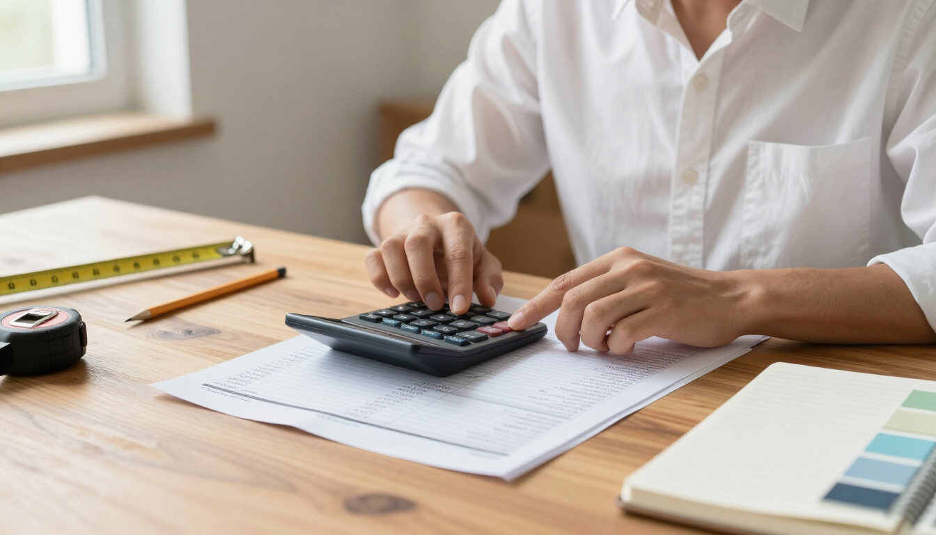 Persona usando una calculadora en un escritorio con papeles, una regla y un cuaderno.