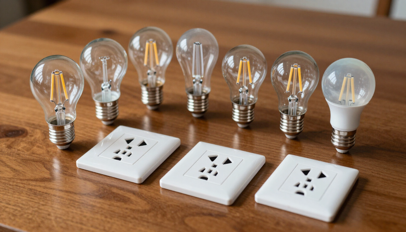 Seis bombillas y tres enchufes eléctricos sobre una mesa 