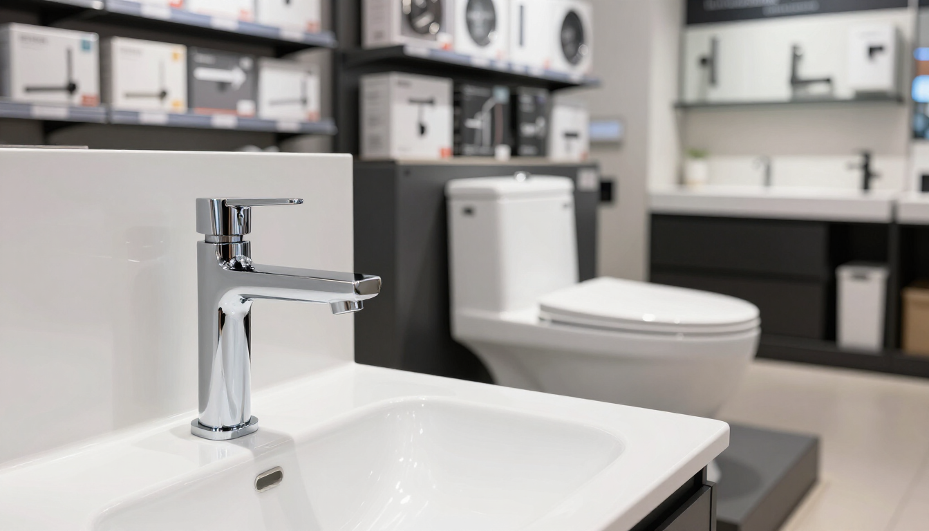 Sala de exposición de baños modernos con grifo cromado, lavabo blanco e inodoro al fondo.