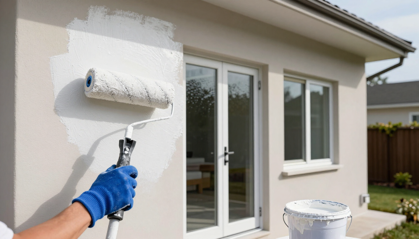 Persona pintando el exterior de una casa de blanco con un rodillo cerca de puertas corredizas de vidrio.