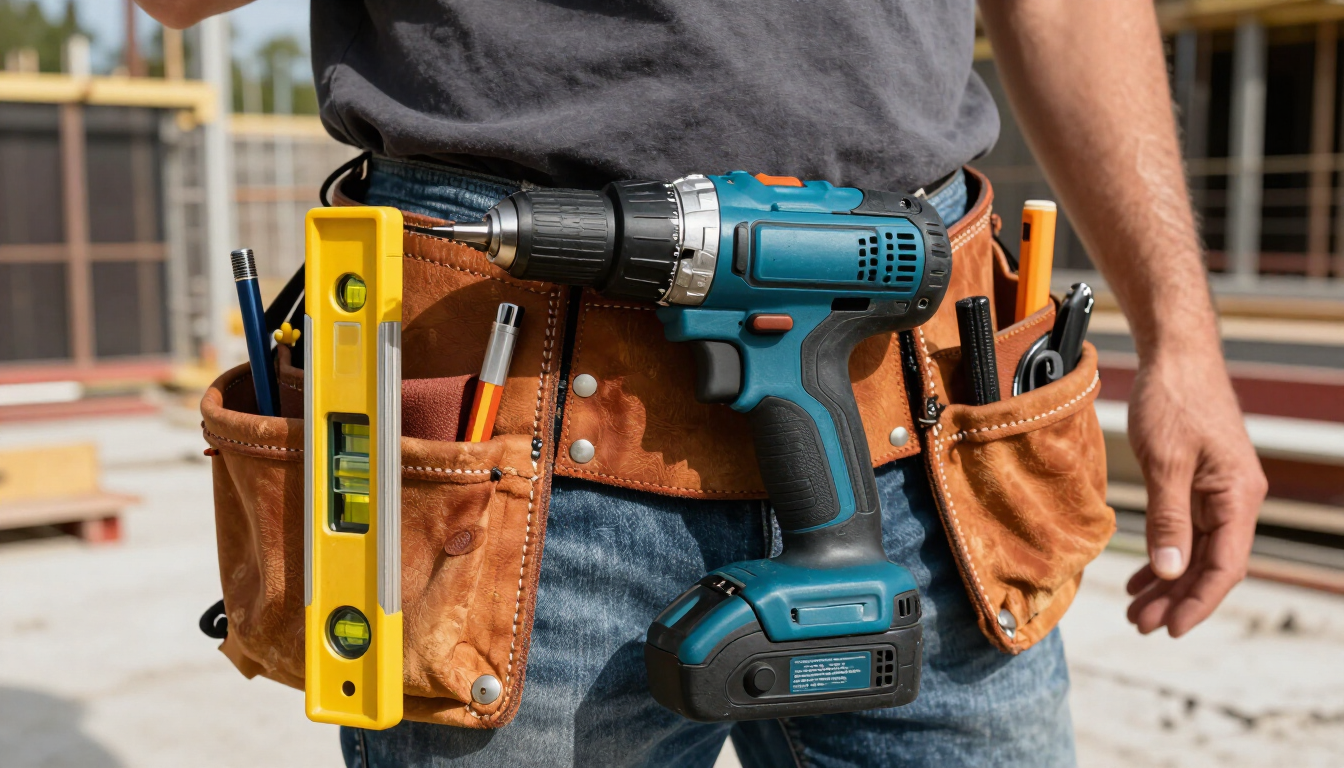 Cinturón de herramientas con taladro eléctrico azul y nivel amarillo en la cintura de un trabajador de la construcción.