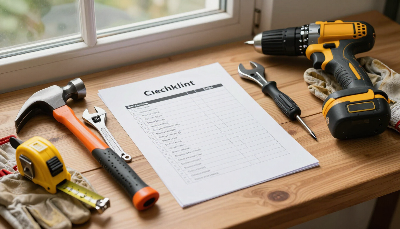 Herramientas de bricolaje sobre una mesa de madera junto a una lista de verificación junto a una ventana.