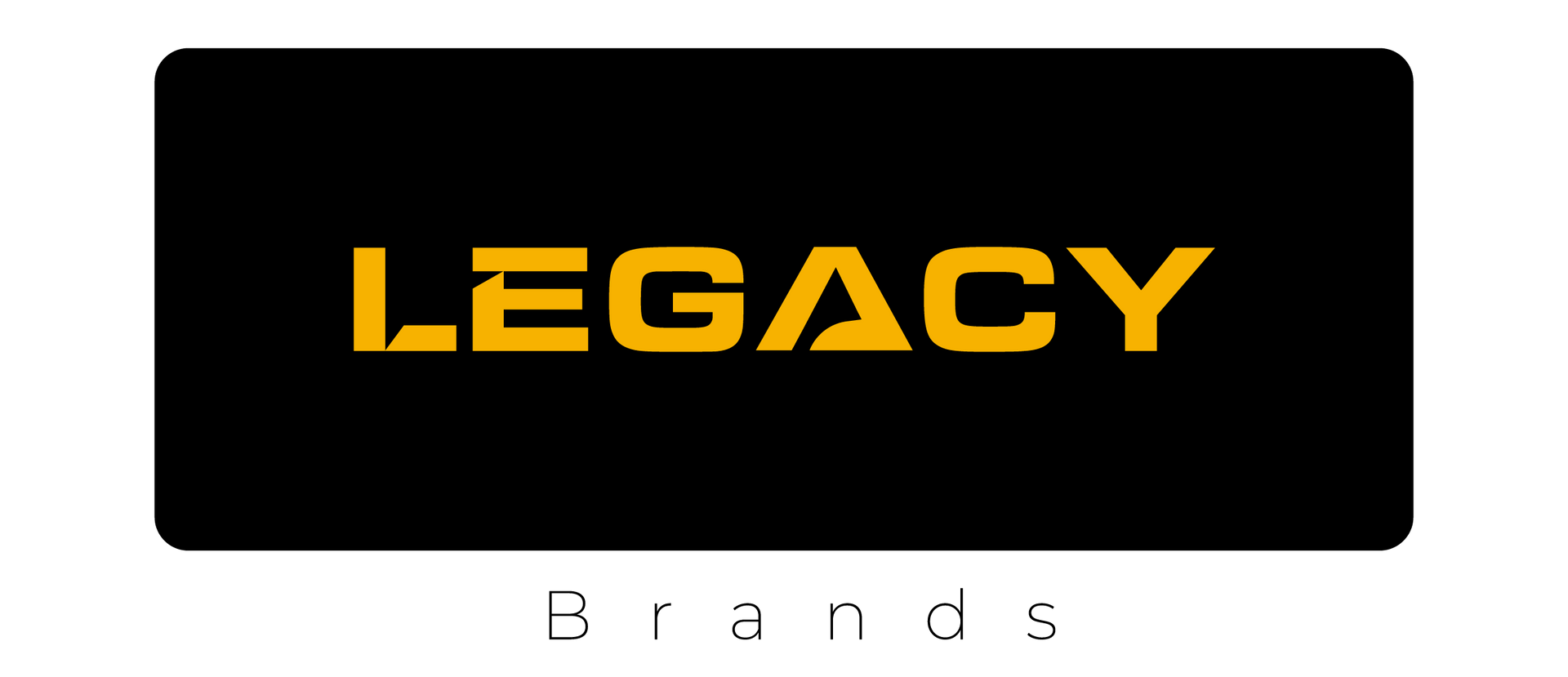 Legacy Brands logo with gold text on a black background and small gray “Brands” below