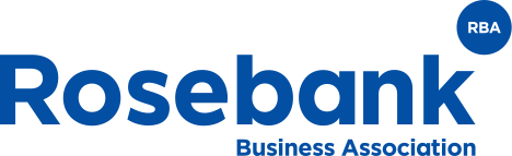 Rosebank Business Association logo in blue text with a small blue circle reading RBA.