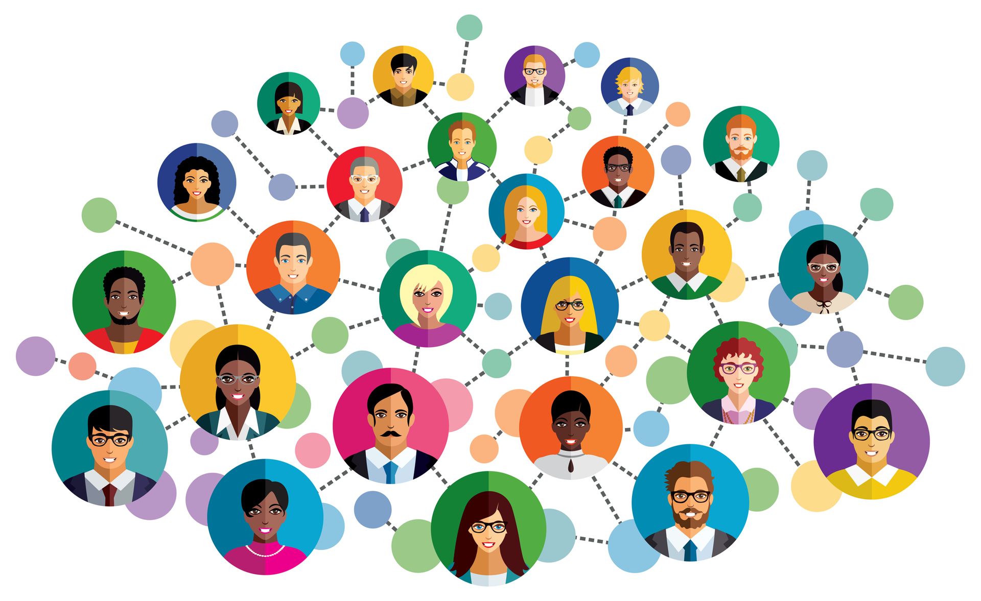 Stylized network of diverse avatar icons connected by lines and dots on a white background
