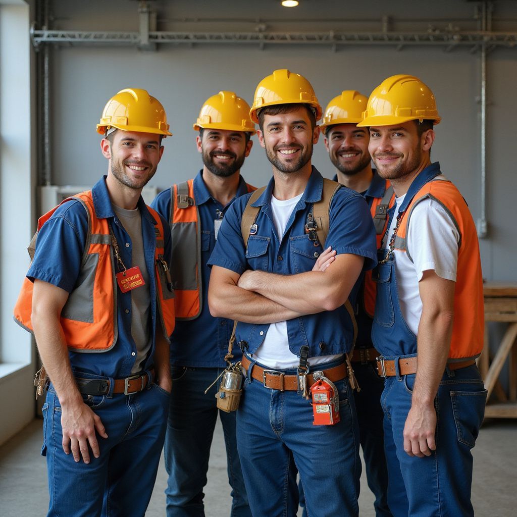 Five construction workers in yellow hard hats and blue overalls posing together indoors, smiling