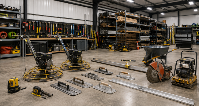 Industrial workshop floor with metal parts, tools, coiled cables, carts, and shelves of equipment