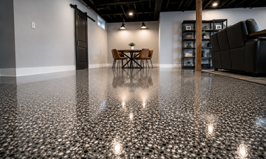 Empty modern room with glossy speckled floor, small dining table, wall mirror, and black sofa.