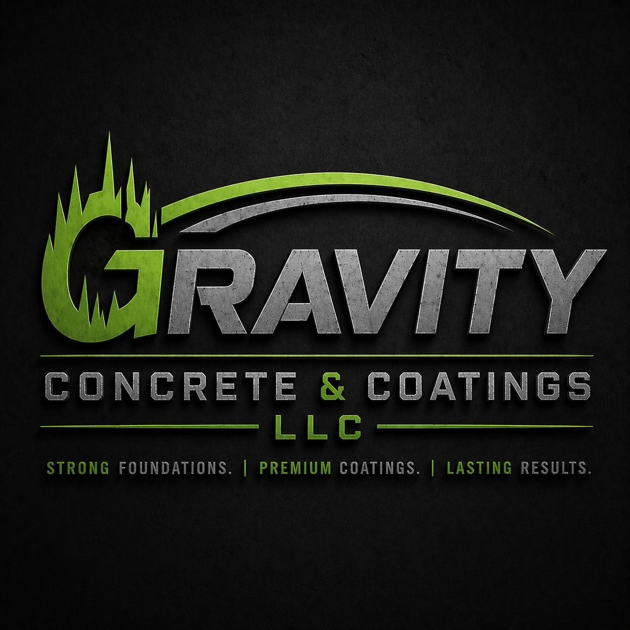 Gravity Concrete & Coatings LLC logo in green and gray on a black background, with skyline graphic and tagline.