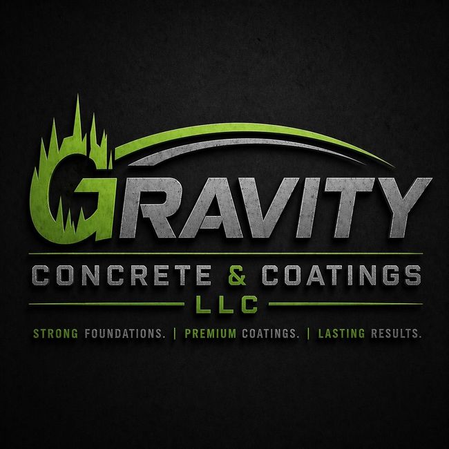 Gravity Concrete & Coatings LLC logo in green and gray on a black background, with skyline graphic and tagline.