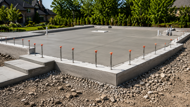 Concrete foundation slab with rebar stakes in a gravel lot, beside a house and trees