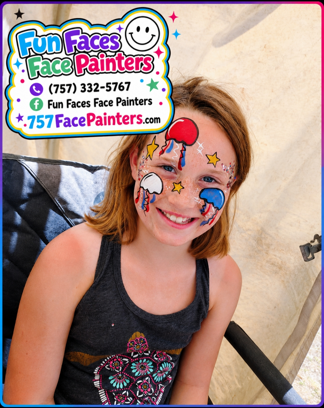 Smiling face painter with colorful star, heart, and clown nose designs, beside Fun Faces Face Painters sign
