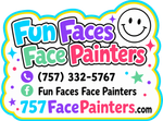 Fun Faces Face Painters business card with phone number, social media links, and a smiling face icon.