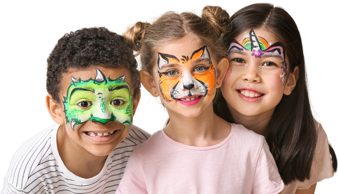 Three children wearing colorful painted animal faces, smiling against a white background