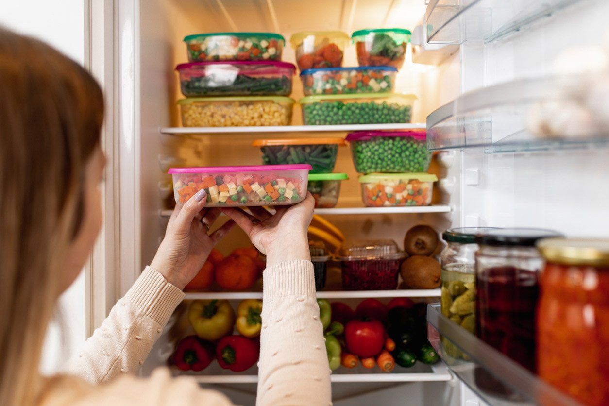 Una mujer saca un recipiente de plástico con comida de un refrigerador.