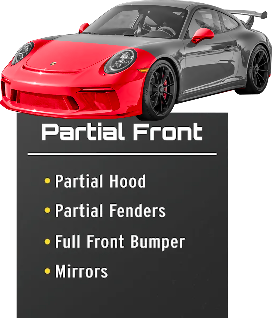 Red and gray Porsche sports car with red partial front paint protection film, listing: hood, fenders, bumper, mirrors.
