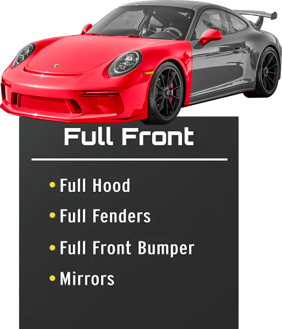 A red and gray Porsche car with text indicating full front paint protection: full hood, fenders, front bumper, mirrors.