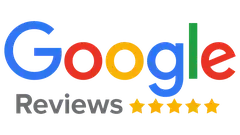 Google Reviews logo with multicolored letters and five gold stars.