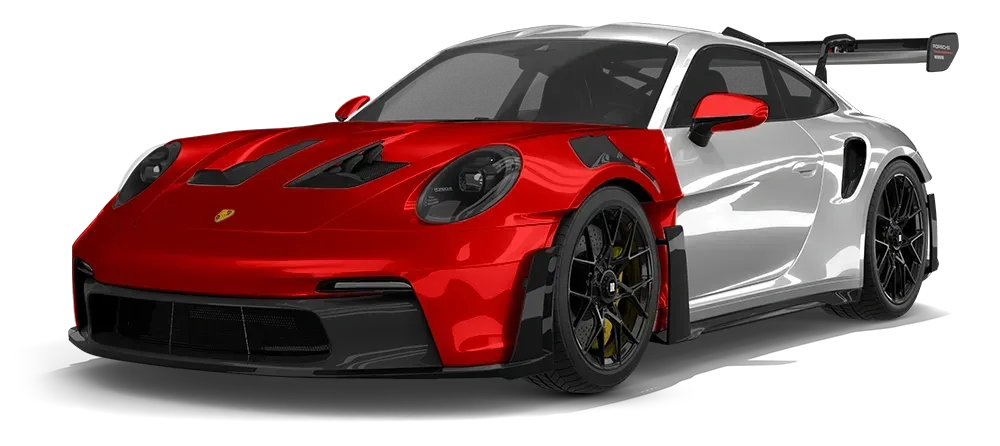 Red and silver sports car with a large rear wing, shown on a white background