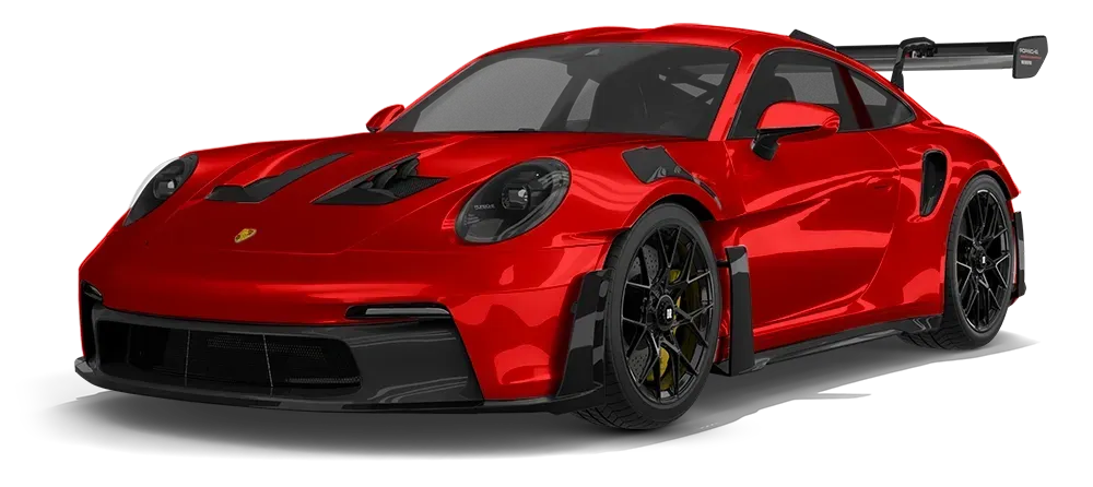 Red sports car with black racing accents and a rear spoiler on a white background
