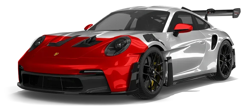 Red and gray Porsche sports car with red partial front paint protection film, listing: hood, fenders, bumper, mirrors.