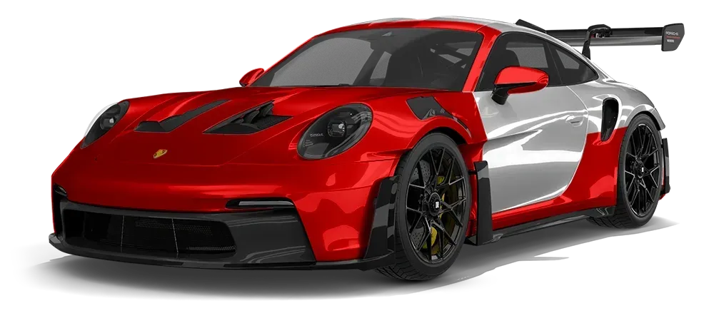 Red and silver sports car with a large rear wing, shown on a white background
