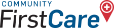 A logo for community first care with a red pin.