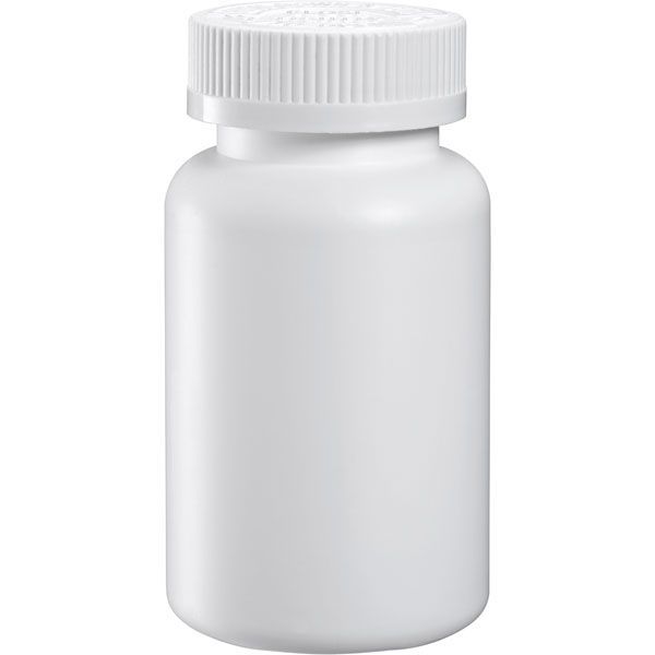 Plain white pill bottle with a ribbed cap on a white background