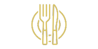 Gold fork and knife inside a circular plate outline logo on a white background