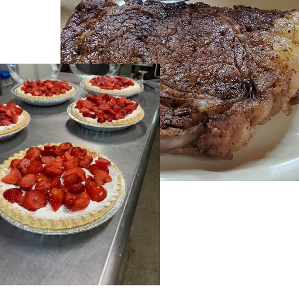 Dessert trays with strawberry-topped pies beside a close-up of a baked steak on a plate