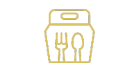 Gold outline of a takeout food container with a fork and knife symbol on the front.