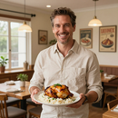 Un hombre sonriente sostiene un plato de pollo asado con arroz en un acogedor restaurante.