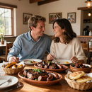 Dos personas sonriendo en una mesa de restaurante con varios platos y cestas de pan.