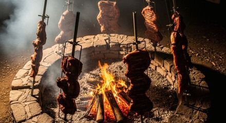 Carne asándose al espetón sobre una hoguera al aire libre en un hoyo de piedra al atardecer.