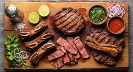 Filetes a la parrilla y carne en rodajas sobre una tabla de madera con mitades de lima, salsas y aros de cebolla.