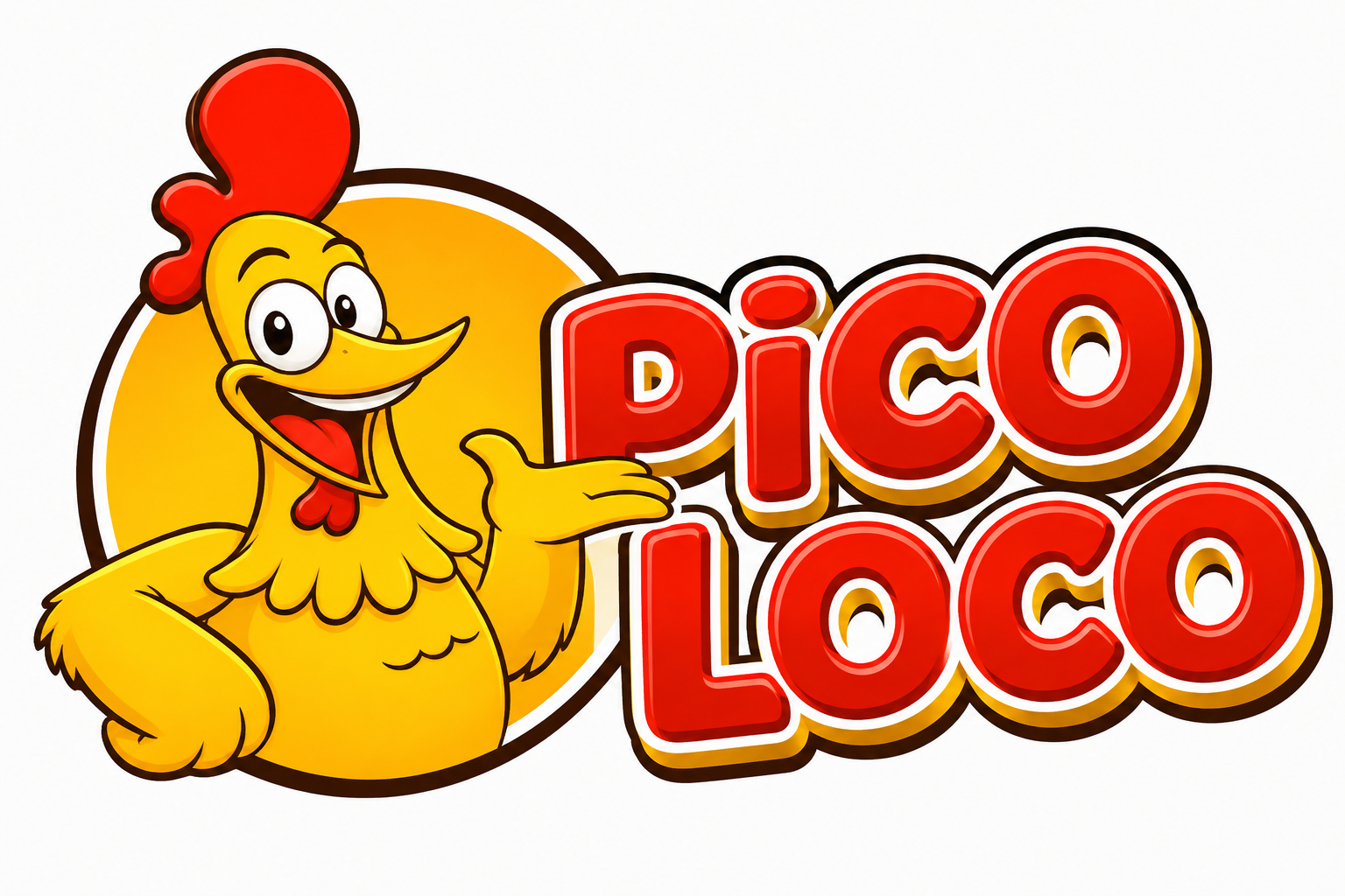 Mascota de pollo amarillo de dibujos animados junto al texto rojo anaranjado “PICO LOCO” sobre un fondo blanco.