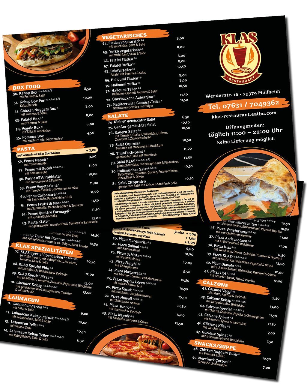 Speisekarte als Flyer und Schilder für Klas Döner in Müllheim entworfen